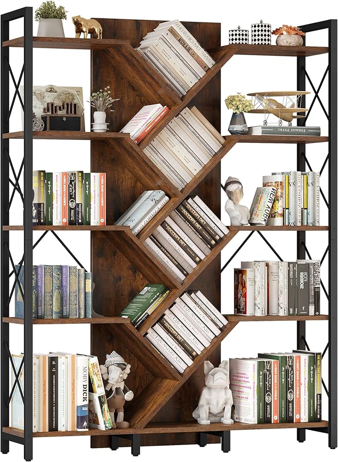 Industrial Tree Bookshelf, Large 5 Tier Bookcase Tall Standing Book Shelves Organizer Display Rack for Bedroom Living Room Office, Rustic Brown