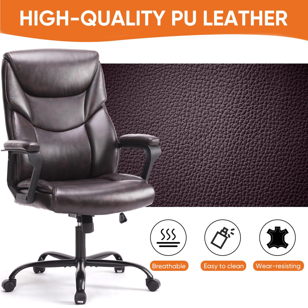 Office Chair, Leather Computer Gaming Chair with Armrests, Adjustable Swivel Rolling Desk