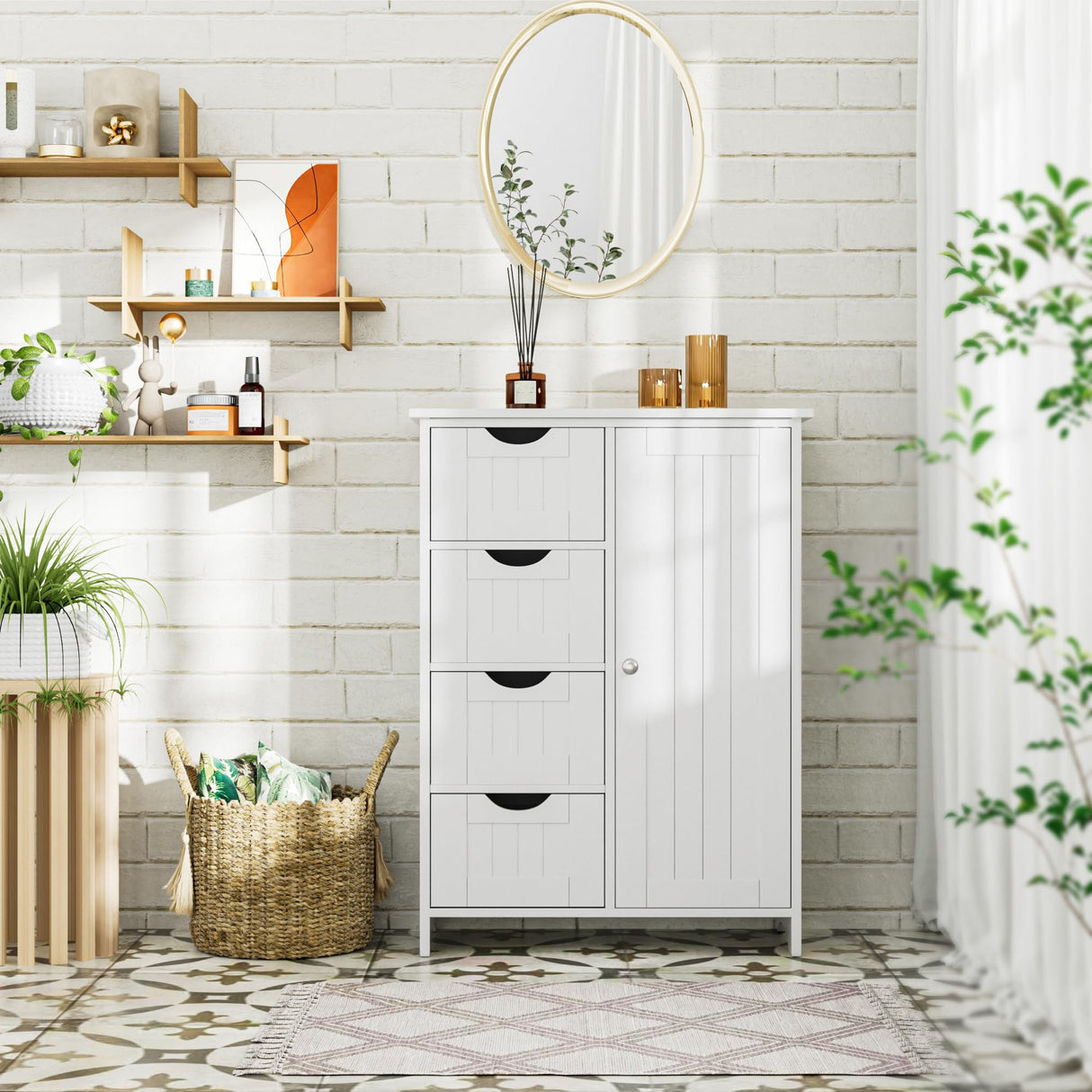 Bathroom Storage Cabinet, Floor Cabinet with 4 Drawers and 1 Adjustable Shelf