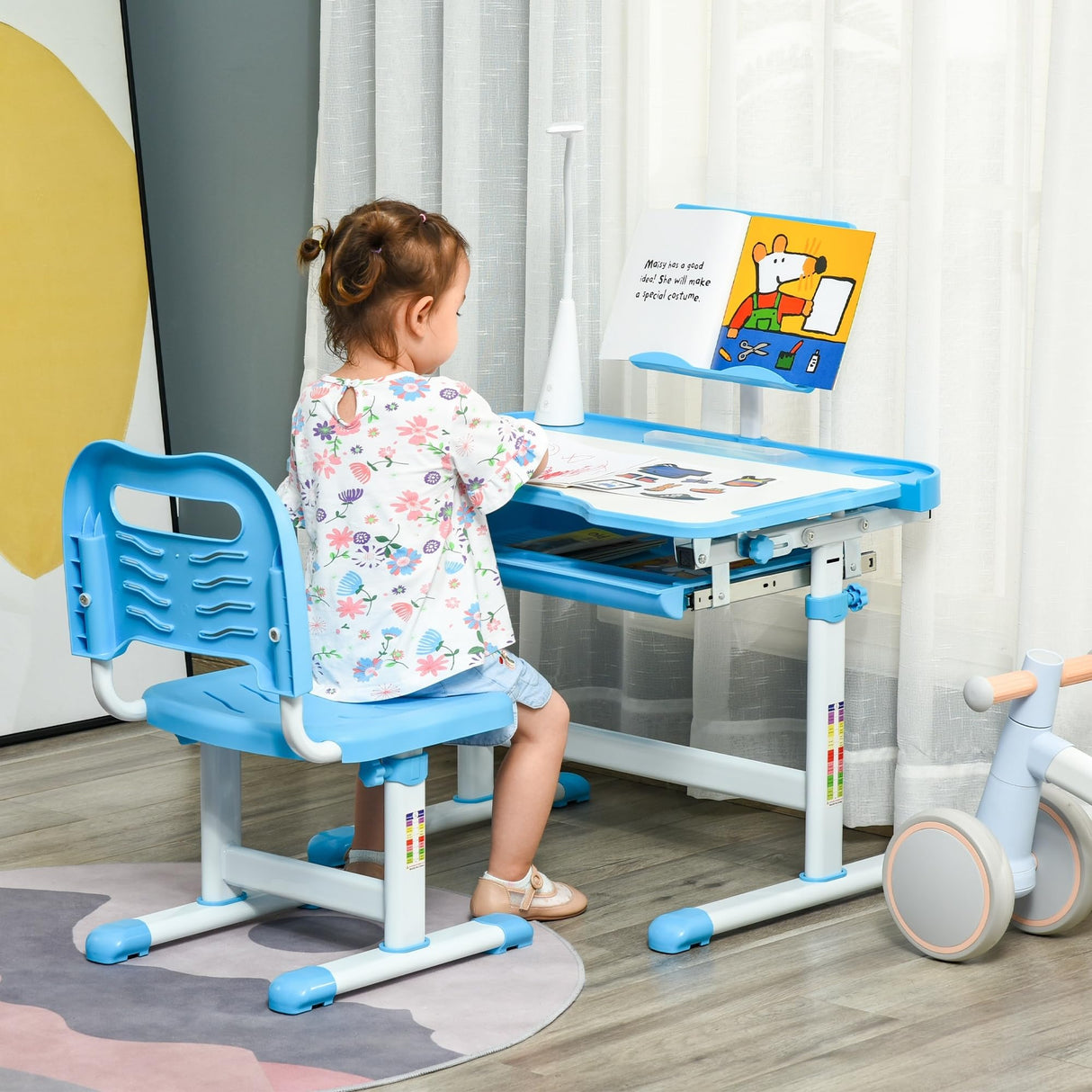 and Chair Set, School Study Desk with USB Light, Storage Drawer for Writing, Activities, Arts, or Crafts, Blue and White