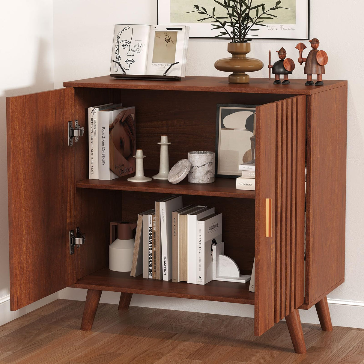 Century Walnut Storage Cabinet, Accent Cabinet with Solid Wood Legs, Adjustable Shelf, Credenza, Sideboard Buffet Cabinet with Storage, Ideal for Coffee Bar or Dining Room Brown