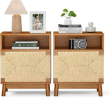 Rattan Nightstand Set of 2 with Handmade Natural Rattan Drawers, Bedside Tables, Accent End Table, Boho Night Stand for Bedroom, Living Room, Metal Legs Small