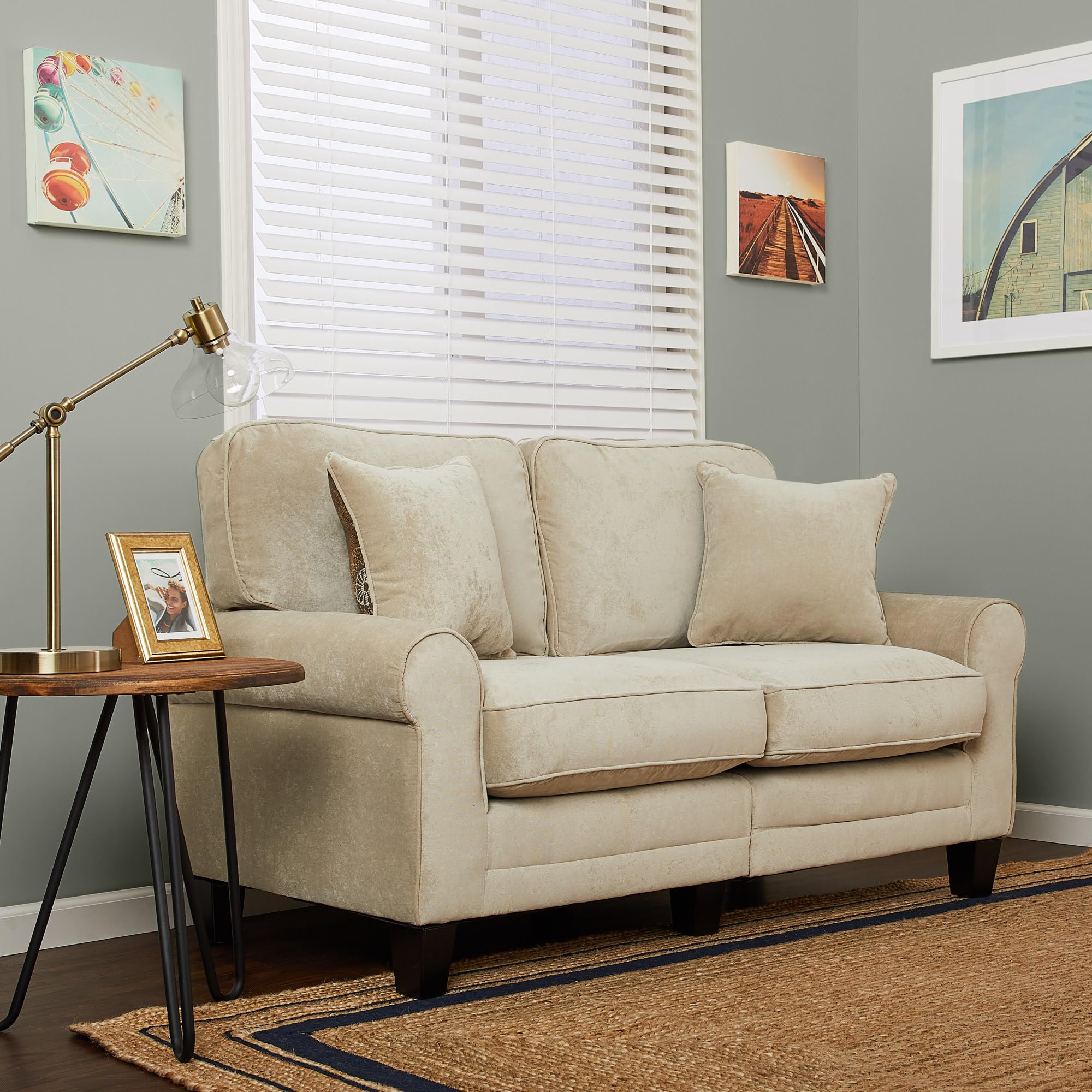Copenhagen Rolled Arm Sofa, Easy Care Polyester, Soft Pillow Back, Pocket Coil Seat Cushions, Removable Covers, Couch for Small Spaces, Living Rooms or Bedrooms, 61" Loveseat, Tan