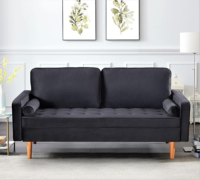 Womble Mid Century Modern Velvet Couch for Living Room with 3 Seater Tufted Seat and Sturdy Wood Frame, Includes Bolster Pillows, Sofa, Dijon