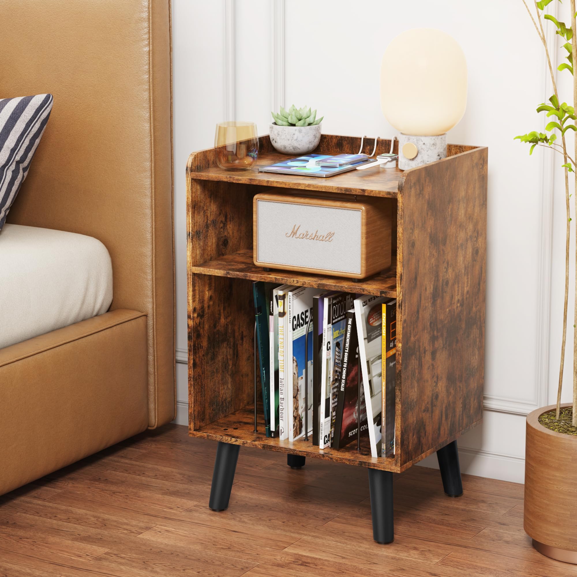 Record Player Stand, Turntable Stand with Record Storage and Charging Station