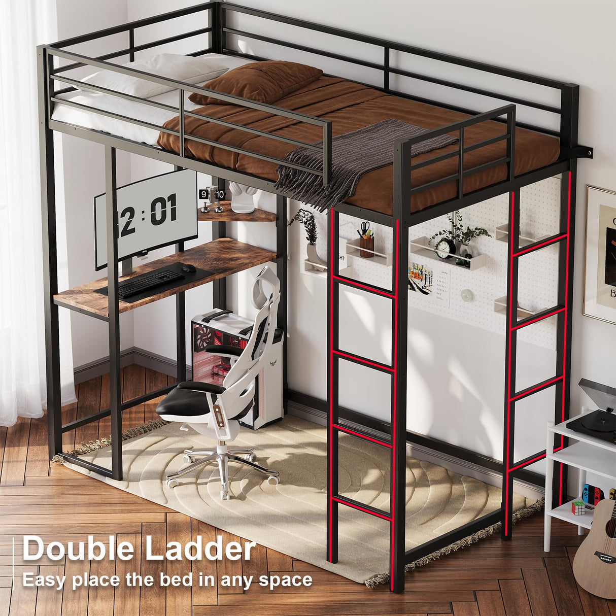 Loft Bed Twin Size with Desk and Storage Shelves, Heavy Duty Metal Bunk Bed