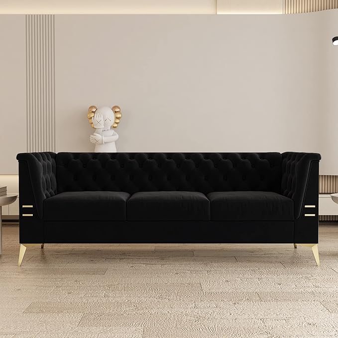 84" Velvet Couch Black Sofa Medieval Modern Luxury Sofa Comfortable Couches