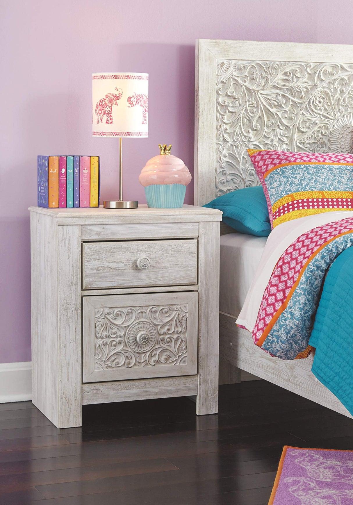 Design by Ashley Paxberry Boho 2 Drawer Nightstand with 2 Slim-Profile USB Charging Ports, 29.21" Tall, Whitewash