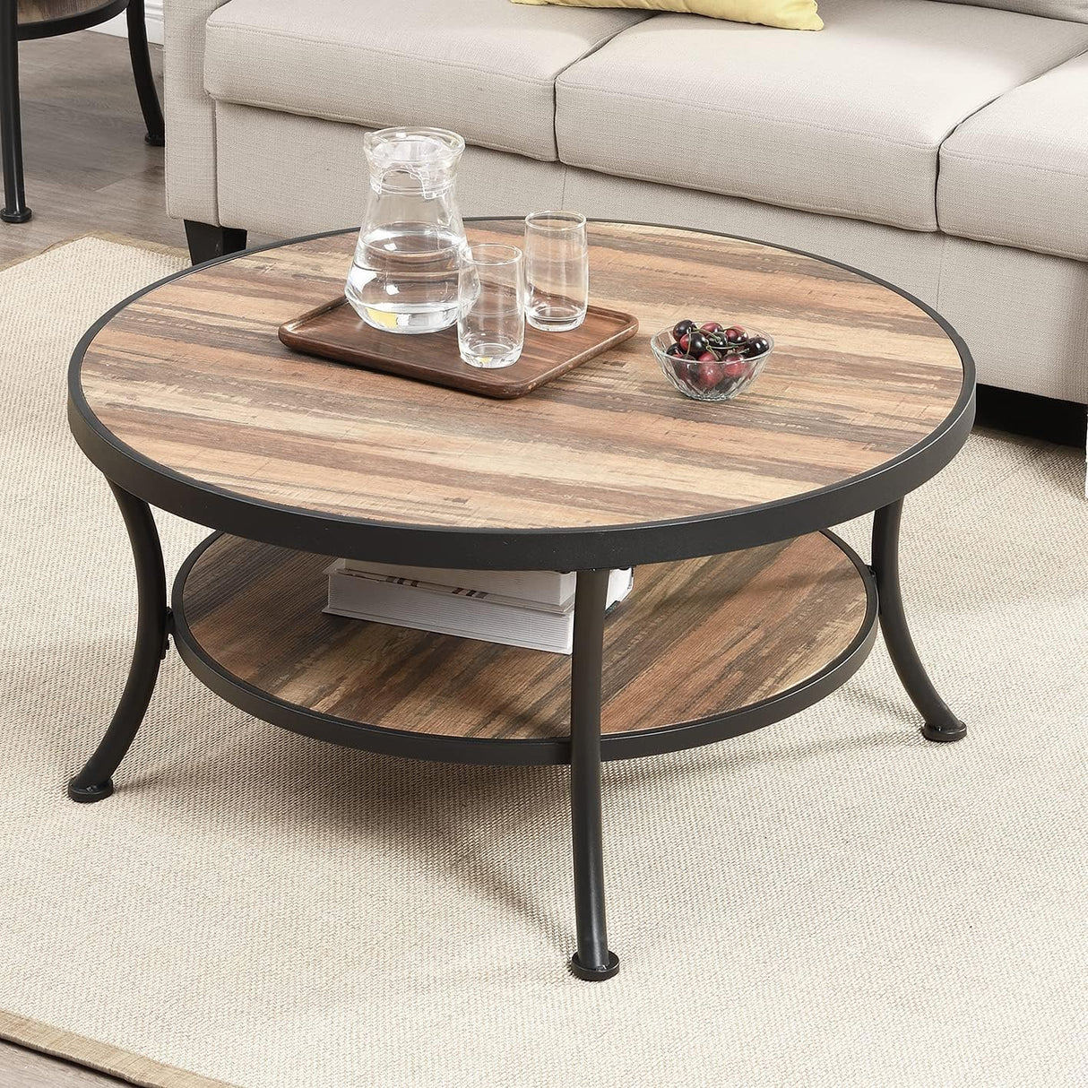 Farmhouse Coffee Table, 2 Tier Round Coffee Table with Storage, Living Room Coffee Table