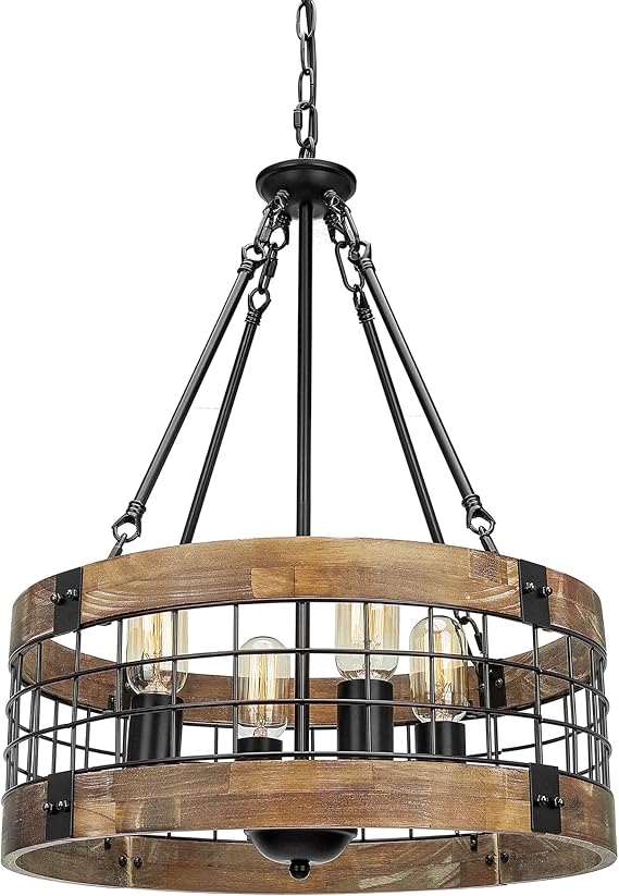 Farmhouse Rustic Chandelier Light Fixture, 4-Light Round Hanging Pendant