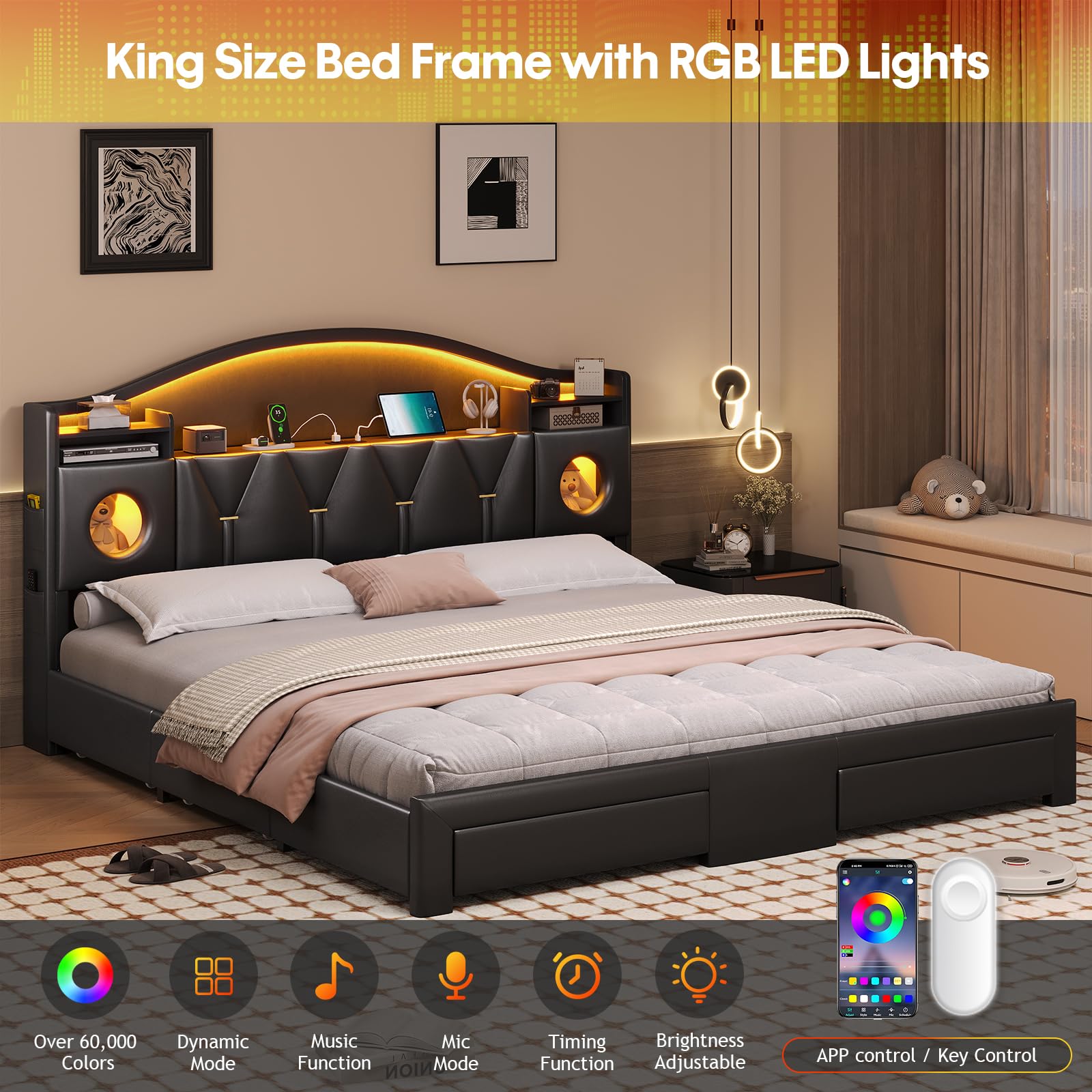 King Size Bed Frame with 6 Storage Drawers and LED Headboard