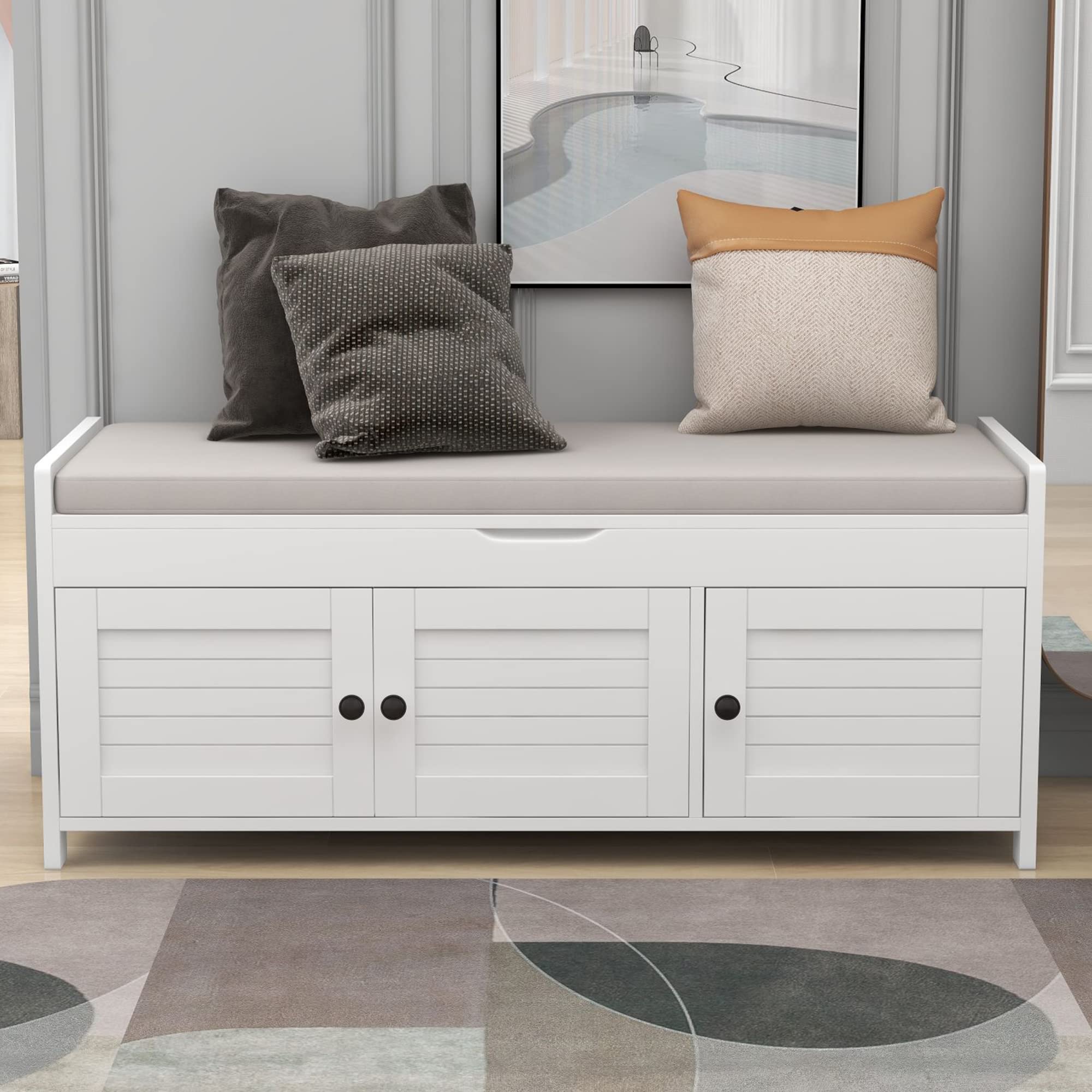 Bench with 3 Shutter-Shaped Doors, Shoe Bench with 2 Size Storage Space and with Removable