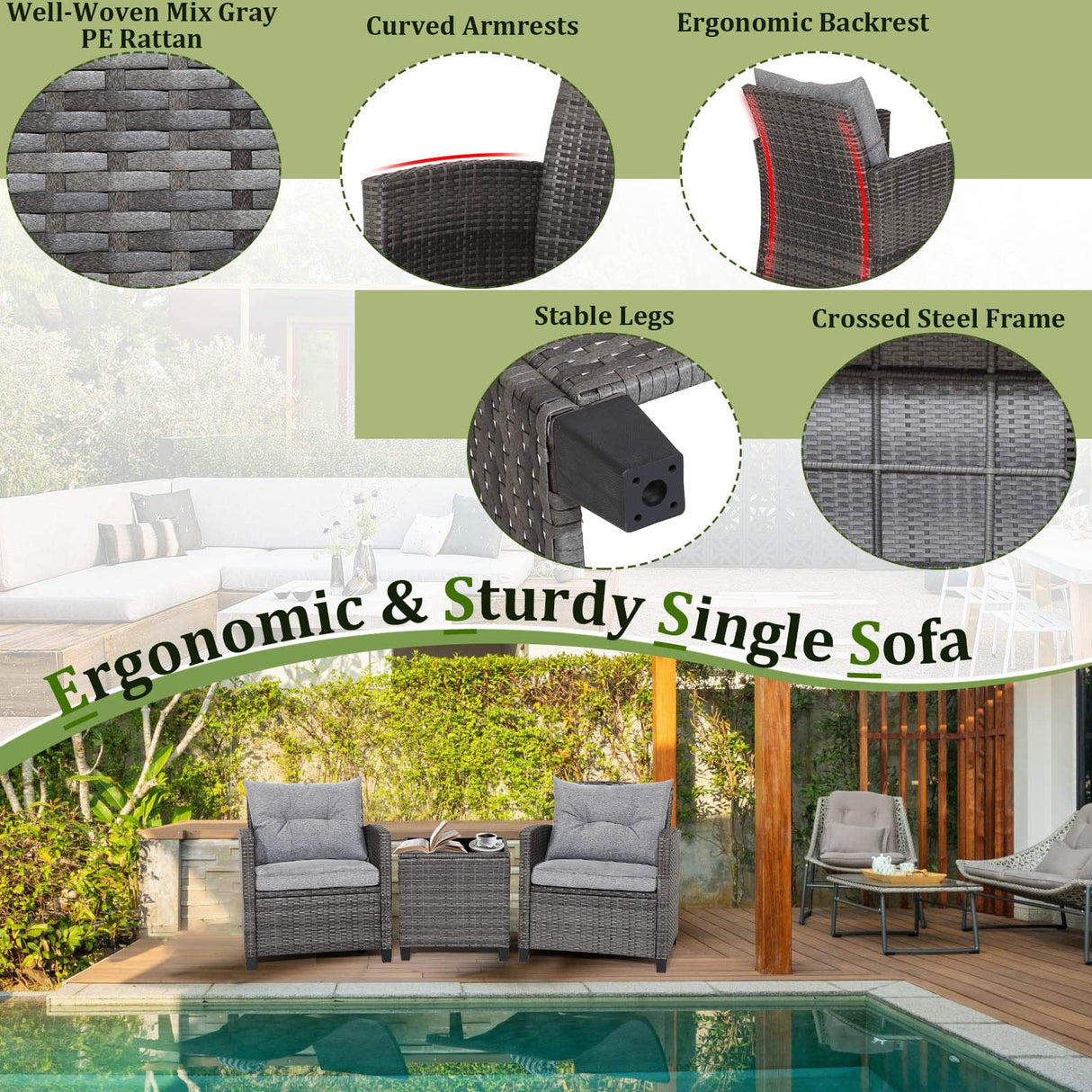 Wicker Patio Furniture Sets - 3 Pieces Rattan Sofa Set