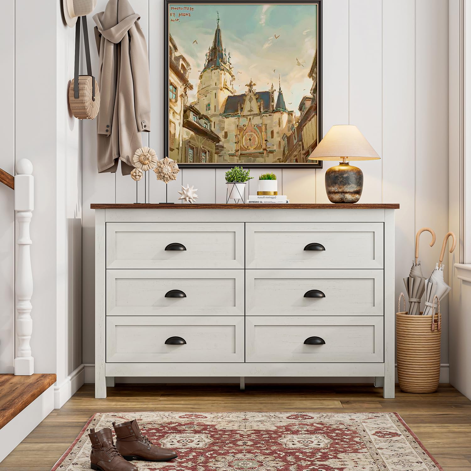 Farmhouse 6 Drawer Dresser for Bedroom, Antique Double Dresser & Chest of Drawer