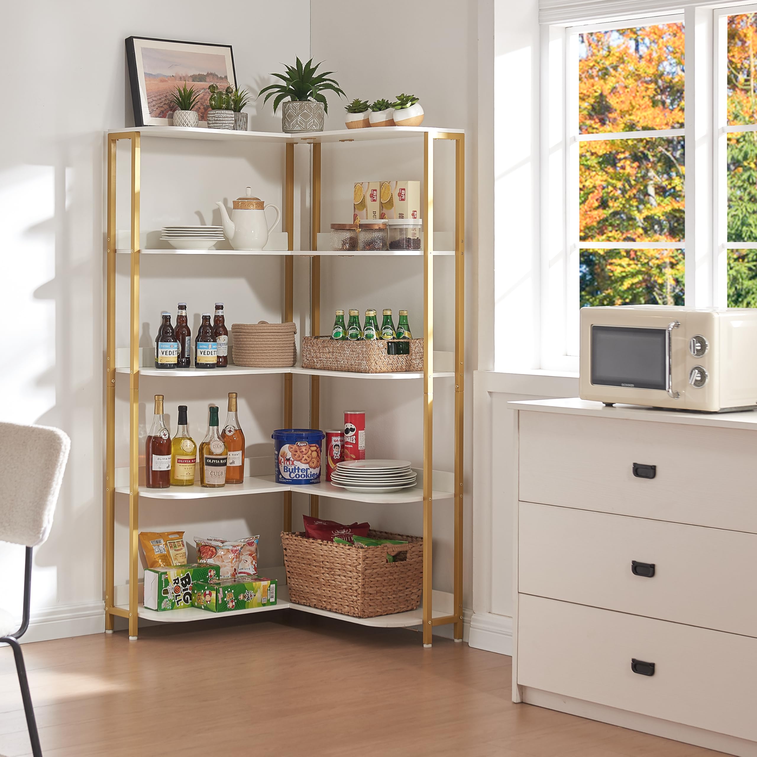 White L-Shaped Bookshelf, Modern Corner Bookshelf 5-Shelf Corner Bookcase
