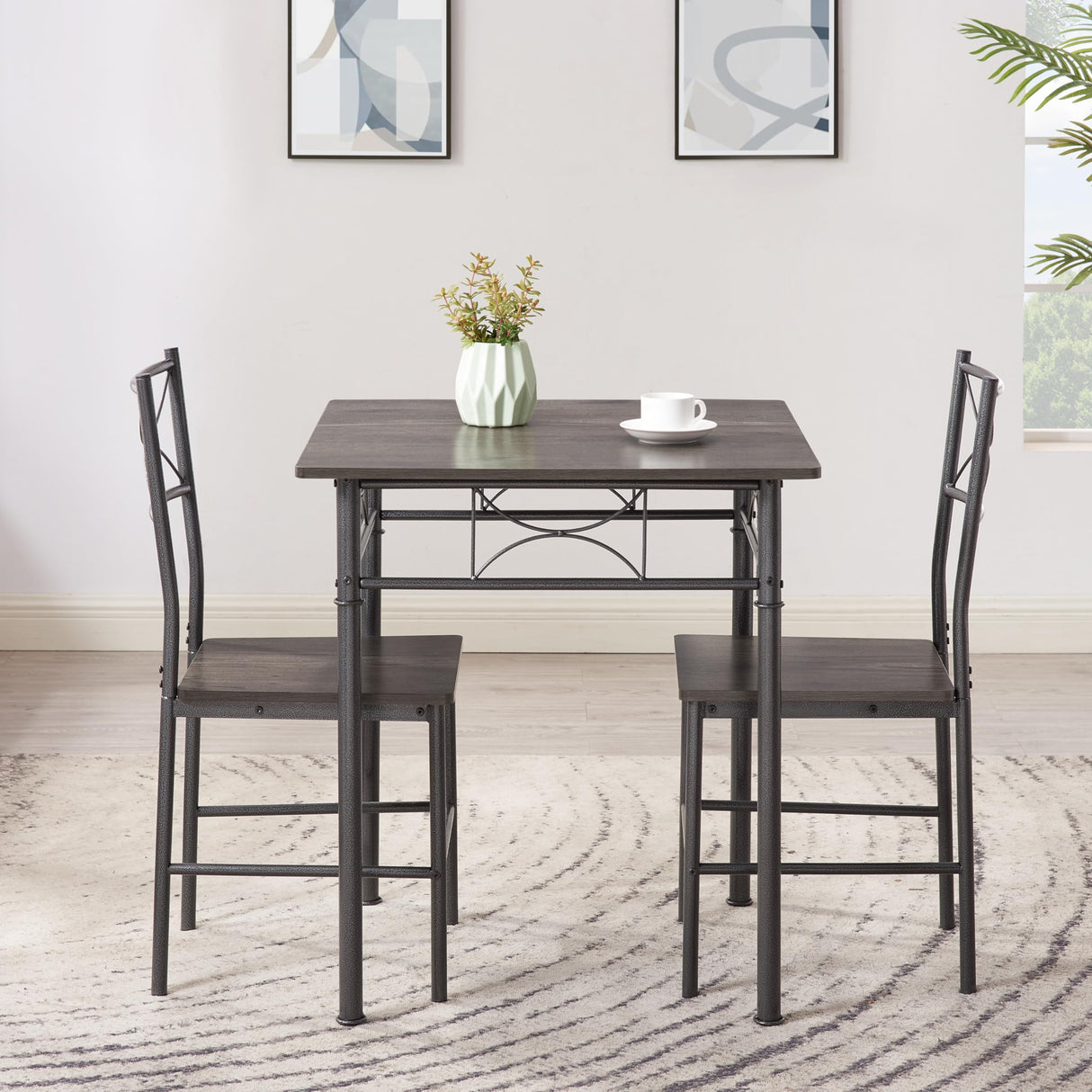 3-Piece Metal and Wood Indoor Modern Square Dining Table Furniture Set