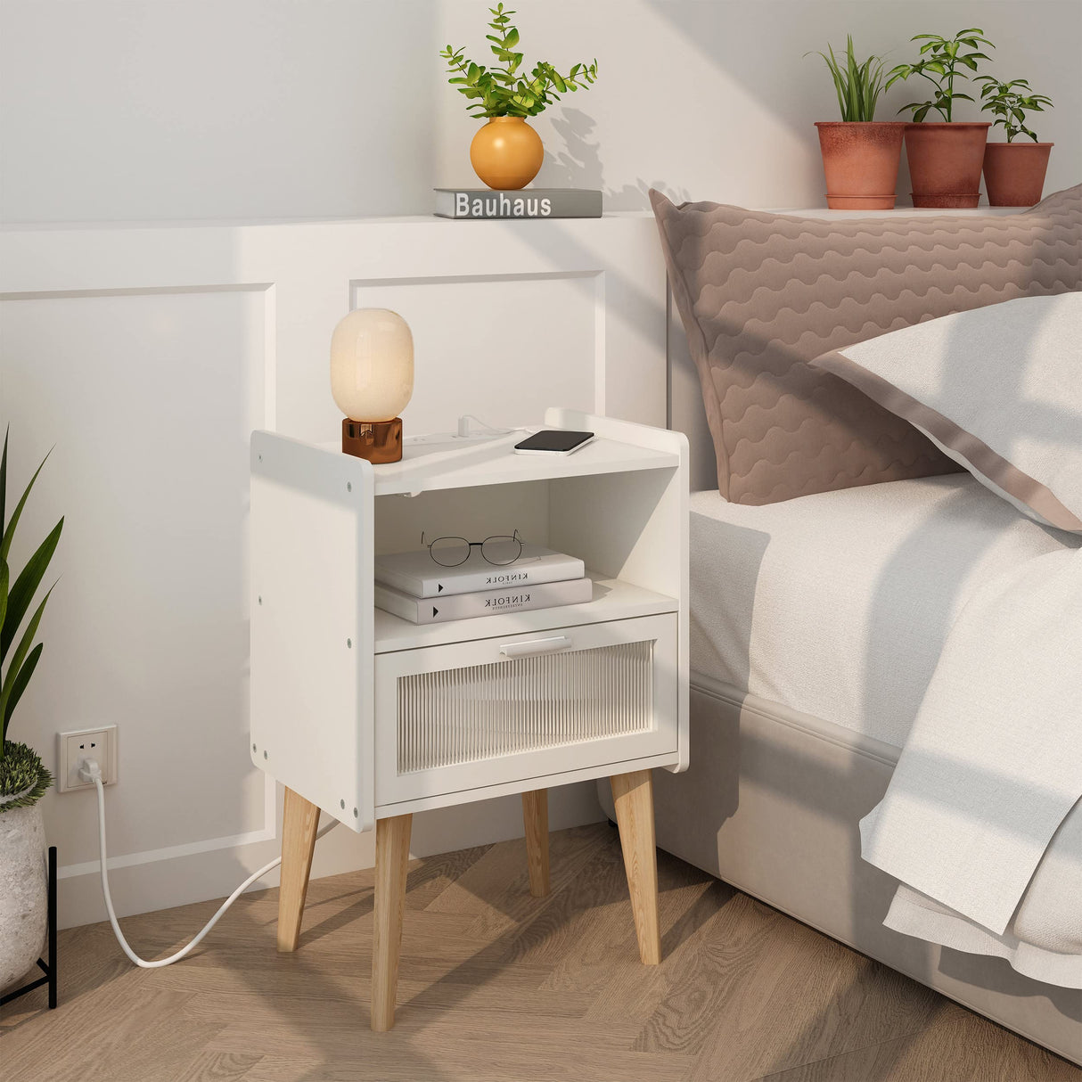 Nightstand with Charging Station, Bedside Tables, End Table Side Table