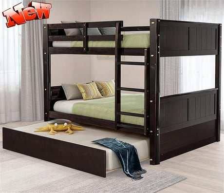 Upgraded Version Thicken Solid Wood Full Over Full Bunk Bed with Trundle