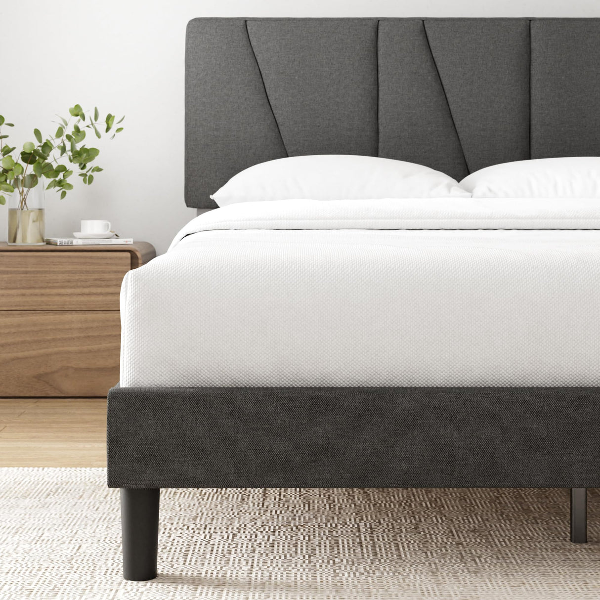 ZBed Frame with Asymmetric Headboard, Durable Wooden Slats, Sturdy Framework, Noise Free Sleep, No Box Spring Needed, Easy Assembly, Eco Friendly Packaging, Dark Grey