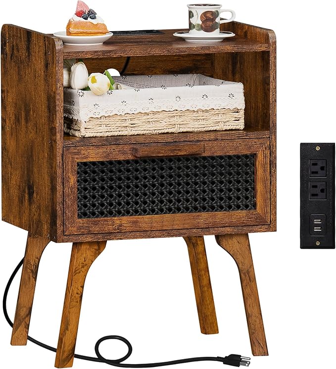 Rattan Nightstands Set of 2 with Charging Station