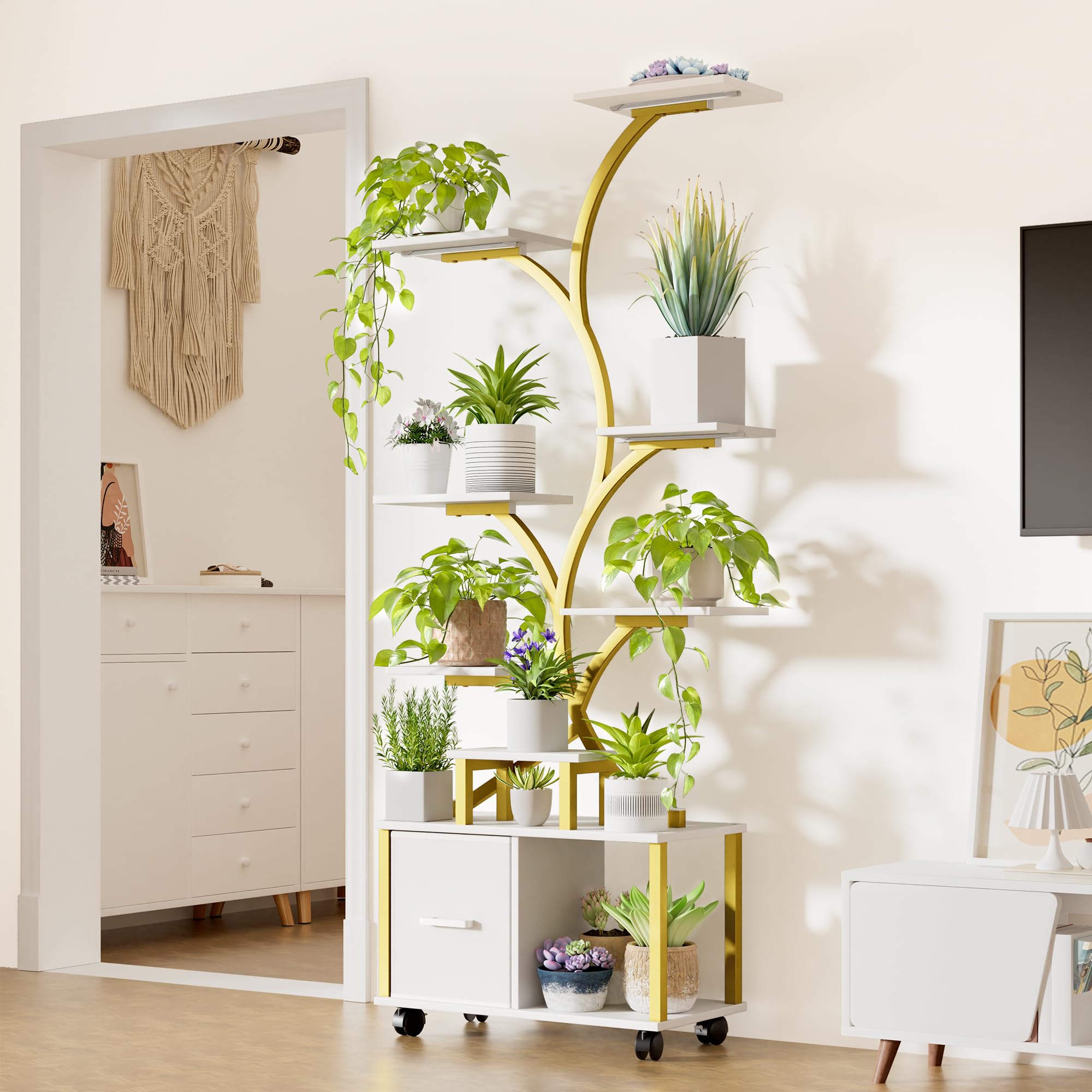 Gold Plant Stand Indoor with Grow Light, 9 Tiered Indoor Plant Shelf with Wheels
