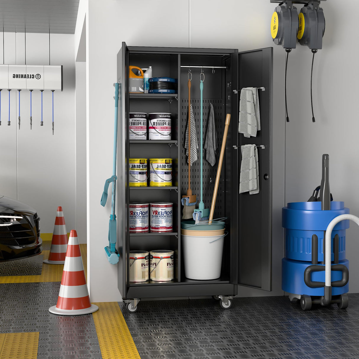 Garage Storage Cabinet with Wheels, Metal Storage Cabinet with Lockable Doors and 4 Adjustable Shelves