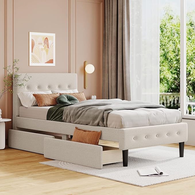 Twin Size Wooden Upholstered Platform Bed Frames with 2 Storage Drawers
