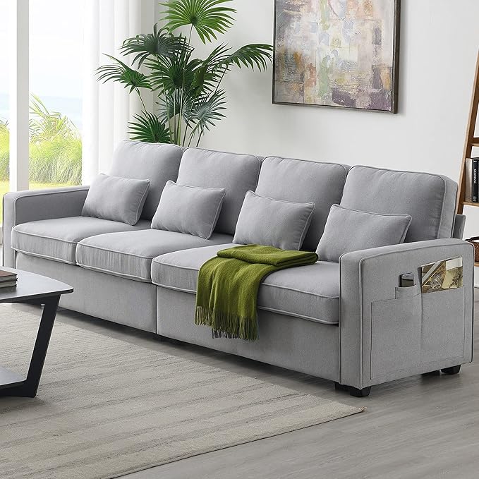 Modern 4 Seater Sofa with Sturdy Plastic Legs, Modern Linen Fabric Sofa