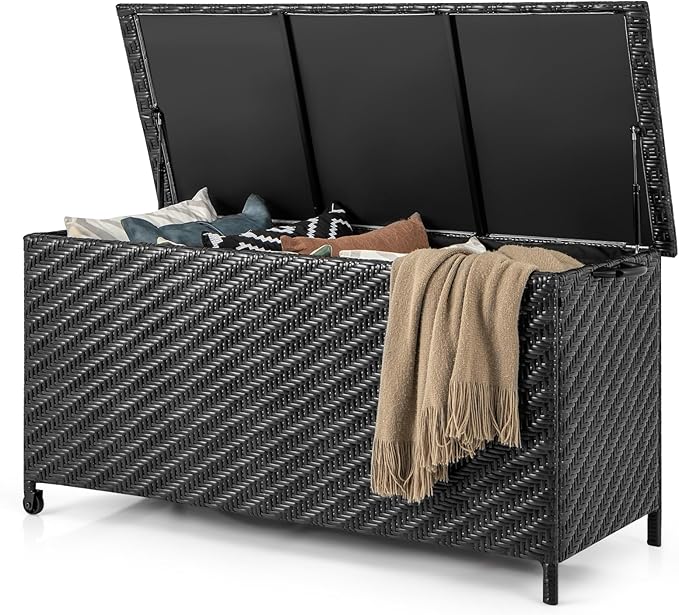 Tightly-Woven Rattan Deck Box, Patiojoy Storage Cabinet Container with Polyester Liner