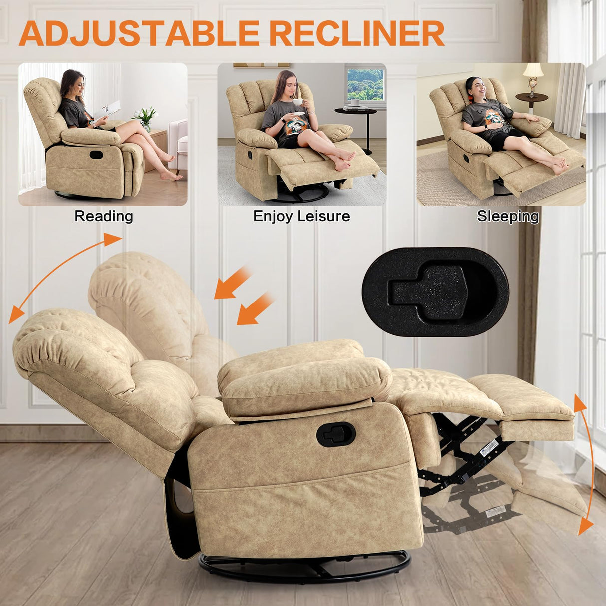 40" Oversized Rocker Recliner Chair for Adults,360°Swivel Rocking Recliners for Big