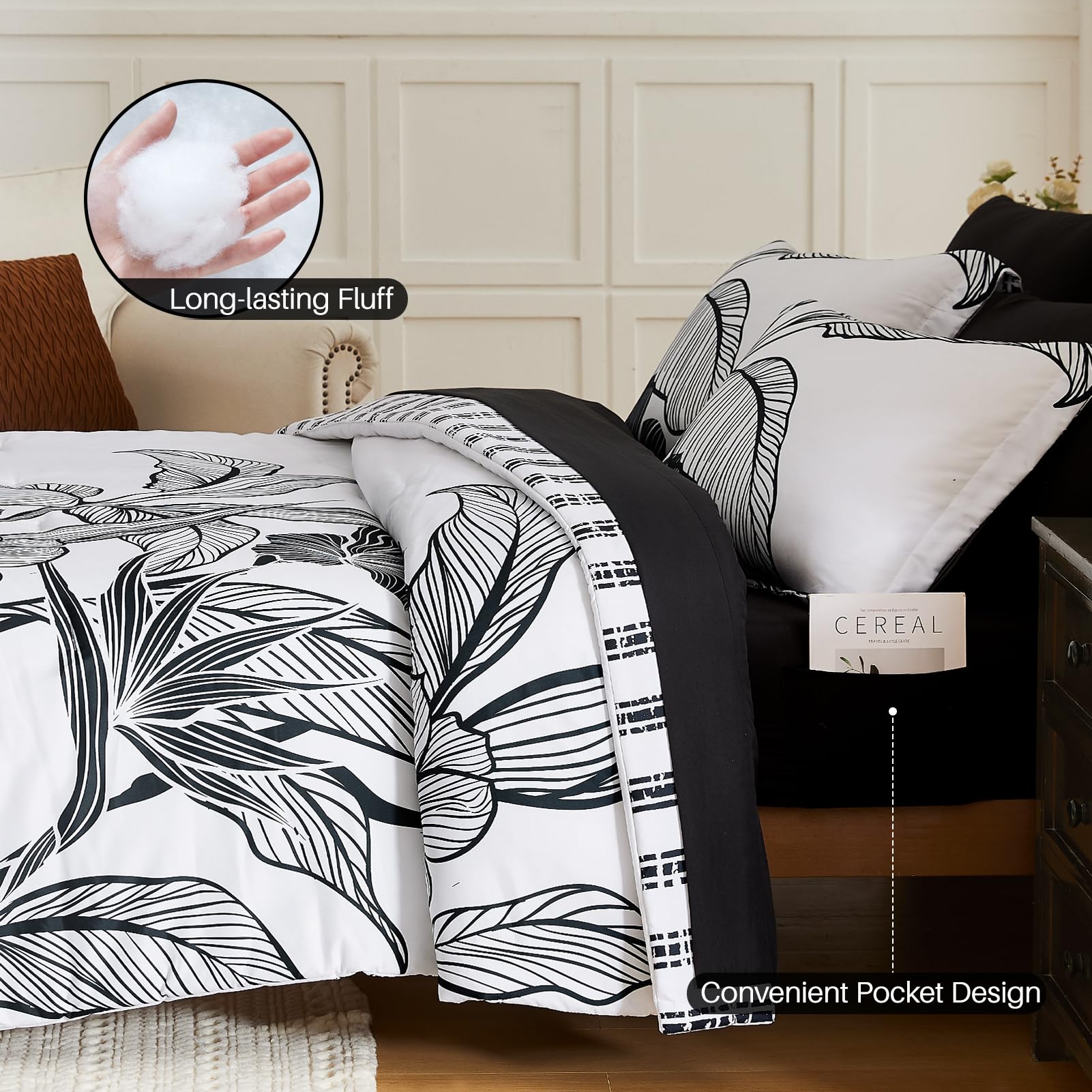 Queen Comforter Set, 7 Pieces Black and White Floral Comforter Set