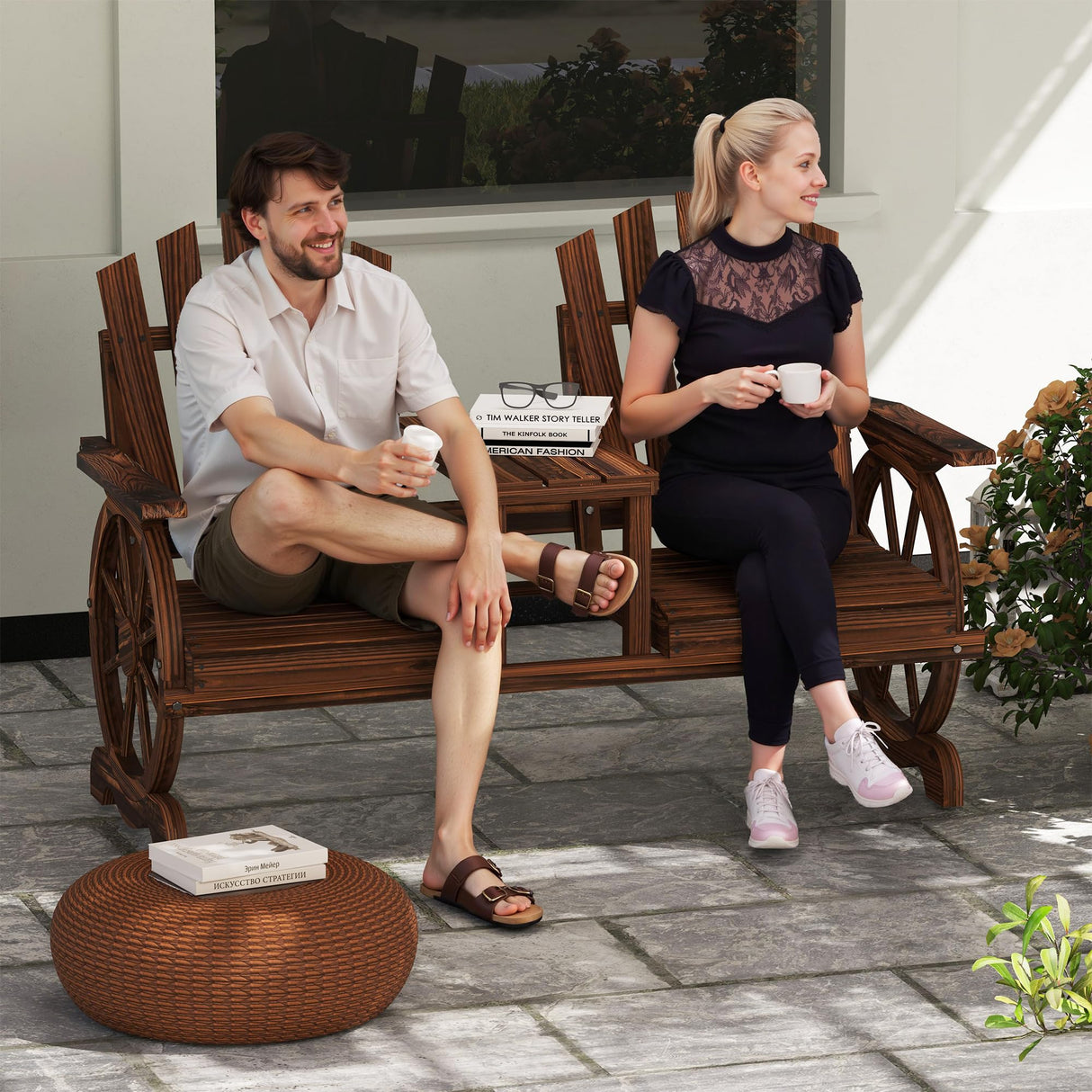 Wooden Garden Bench with Table, Umbrella Hole, 2-Seat Wagon Wheel Outdoor Bench