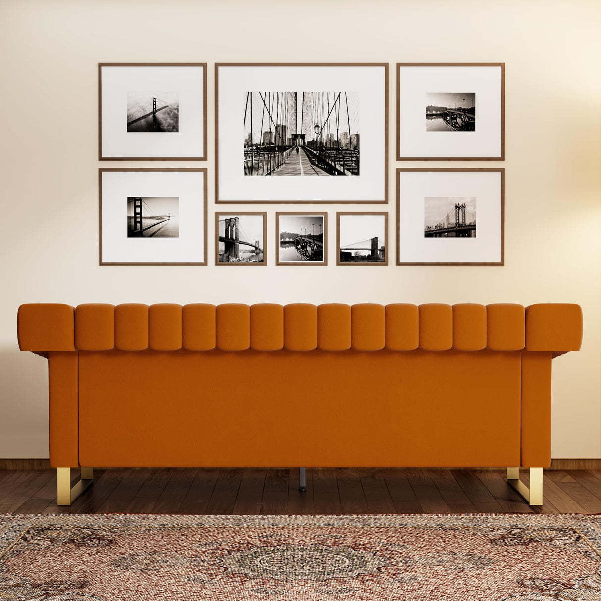 84" Velvet Sleek Channel-Tufted Sofa with Armrest and Back Cushions