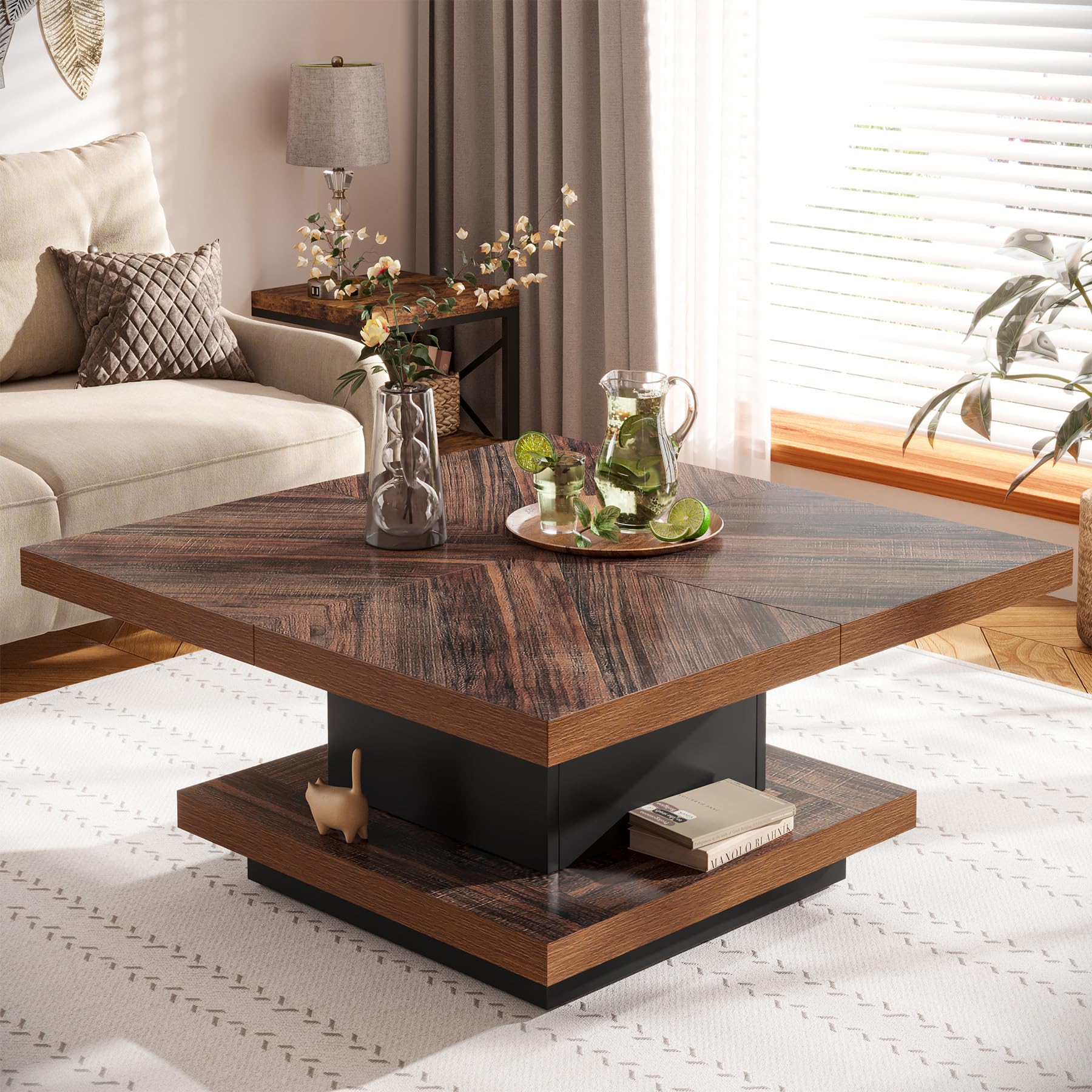 Square Coffee Table 2-Tier Vintage Coffee Table Wood Coffee Table