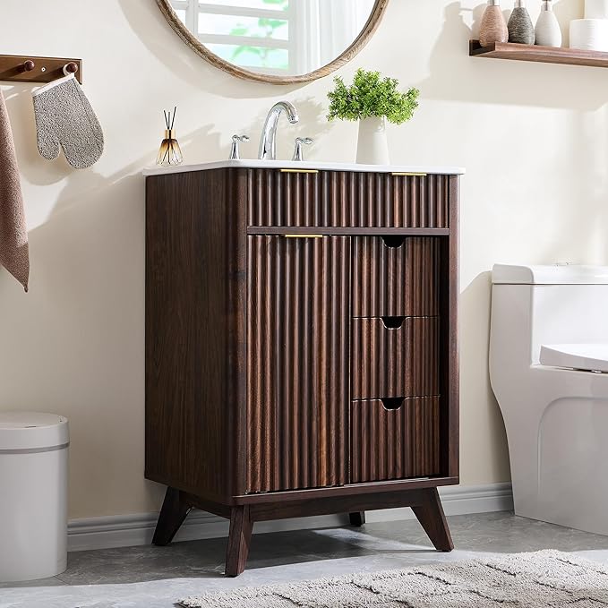 24" Fluted Bathroom Vanity with Ceramic Sink Combo，Freestanding Small Modern Bathroom Storage Vanity Cabinet