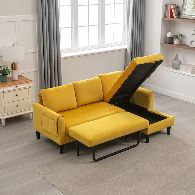Sofa Bed with Reversible Chaise Longue, Beige Modern L-Shaped Couch