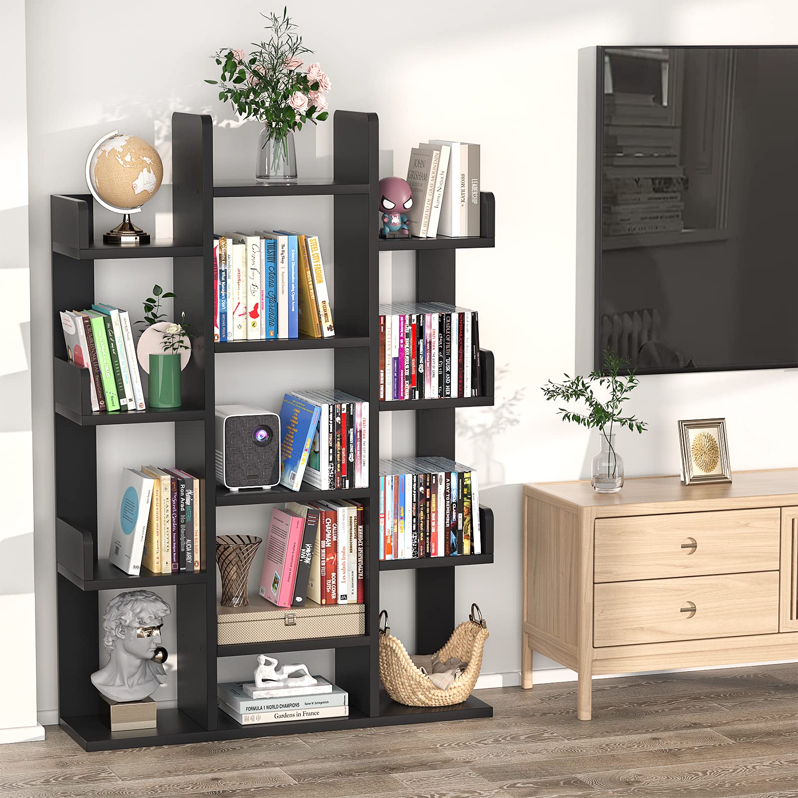 Tree-Shaped Bookcase Storage Shelf with 13 compartments, Books Organizer Display Cube Shelves, Industrial Free Floor Standing Wood Open Bookshelves, Black