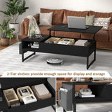 Top Coffee Table with Storage, Wood Lifting Top Central Table Metal Frame