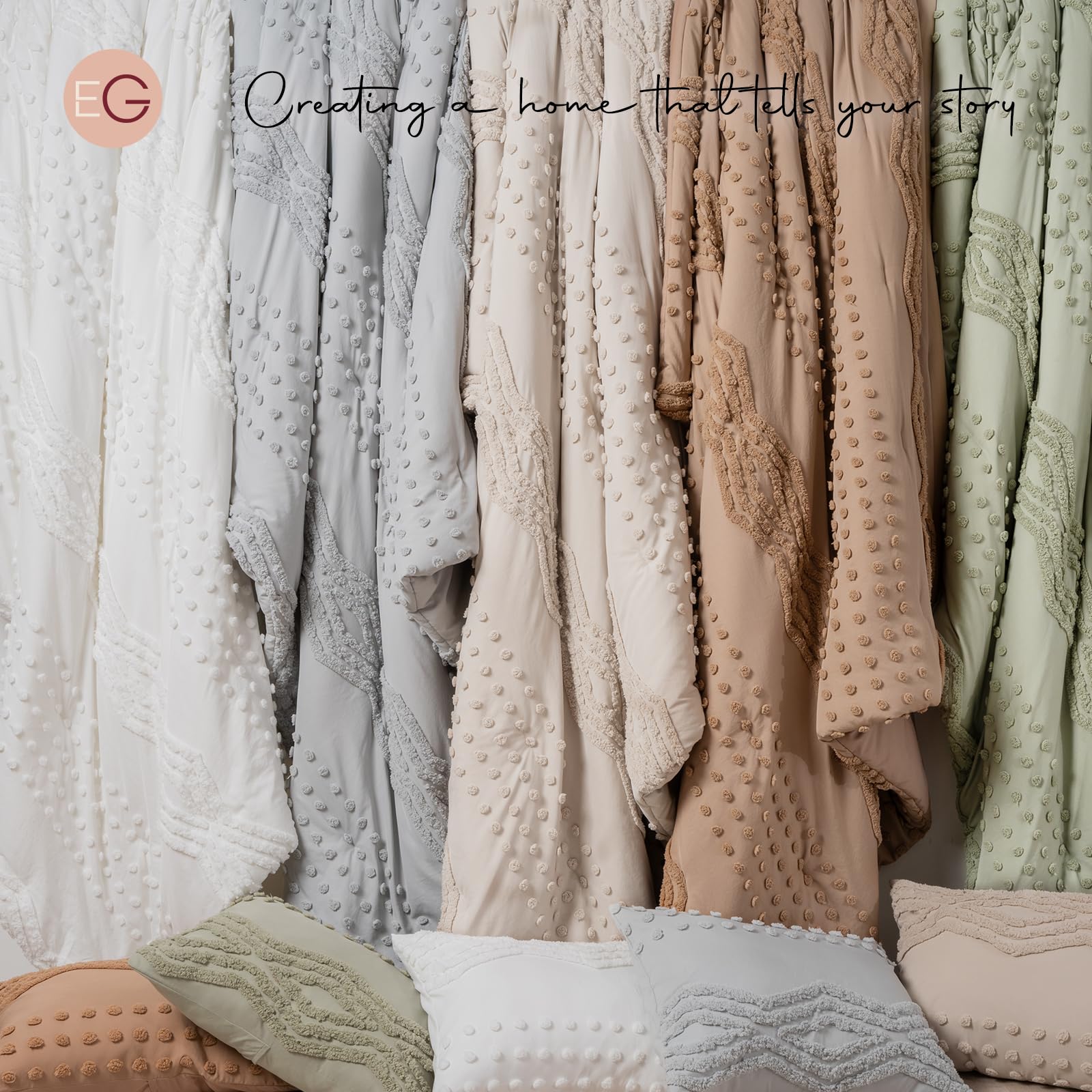 EVERGRACE King Size Comforter Set 7 Pieces Bed in a Bag for College Dorm, Beige Tufted Shabby Chic Boho Comforter and Sheet Set with Pom Pom Textured, Soft Fluffy Farmhouse Complete Bedding Set