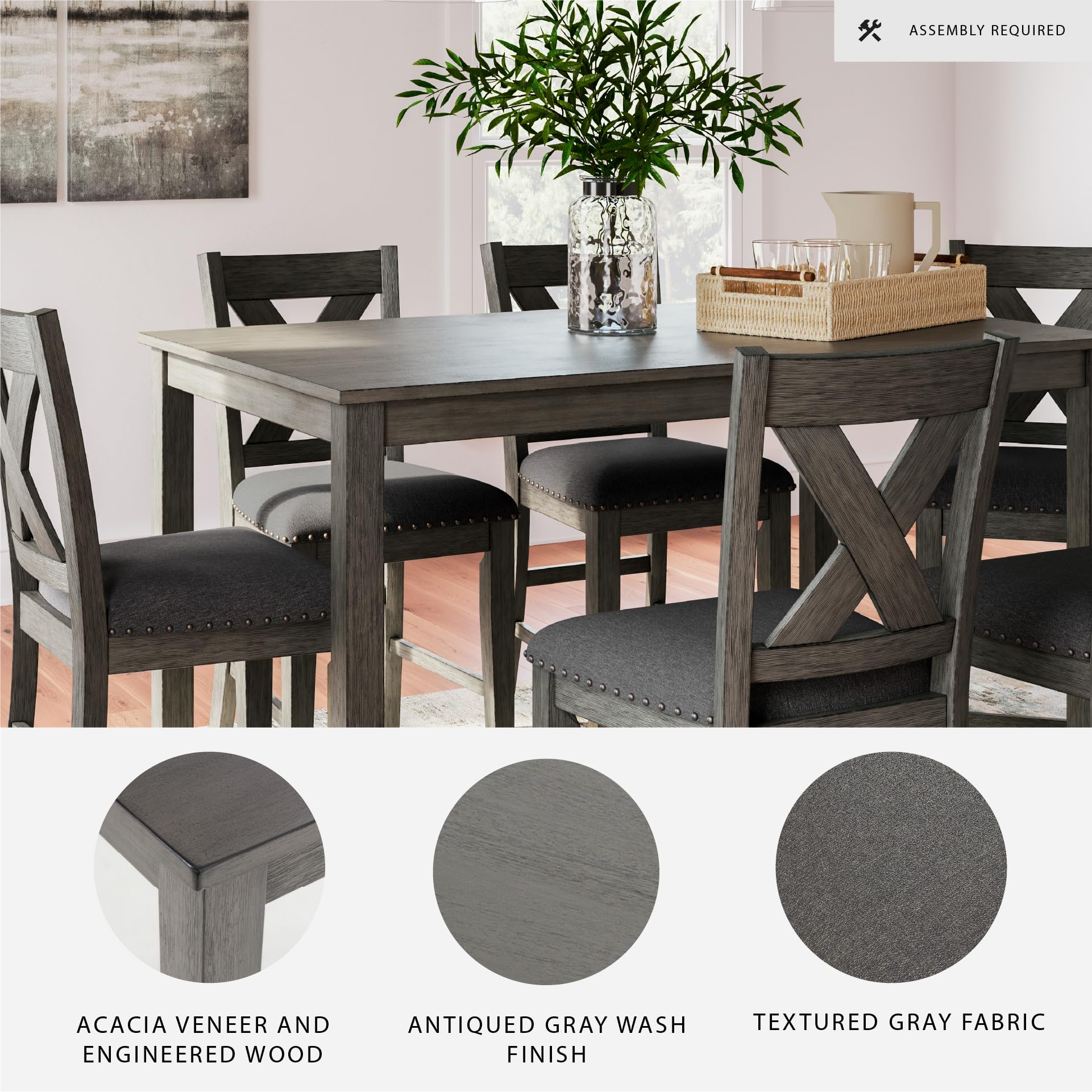 7-Piece Counter Height Dining Set with Gray Upholstered Bar Stools