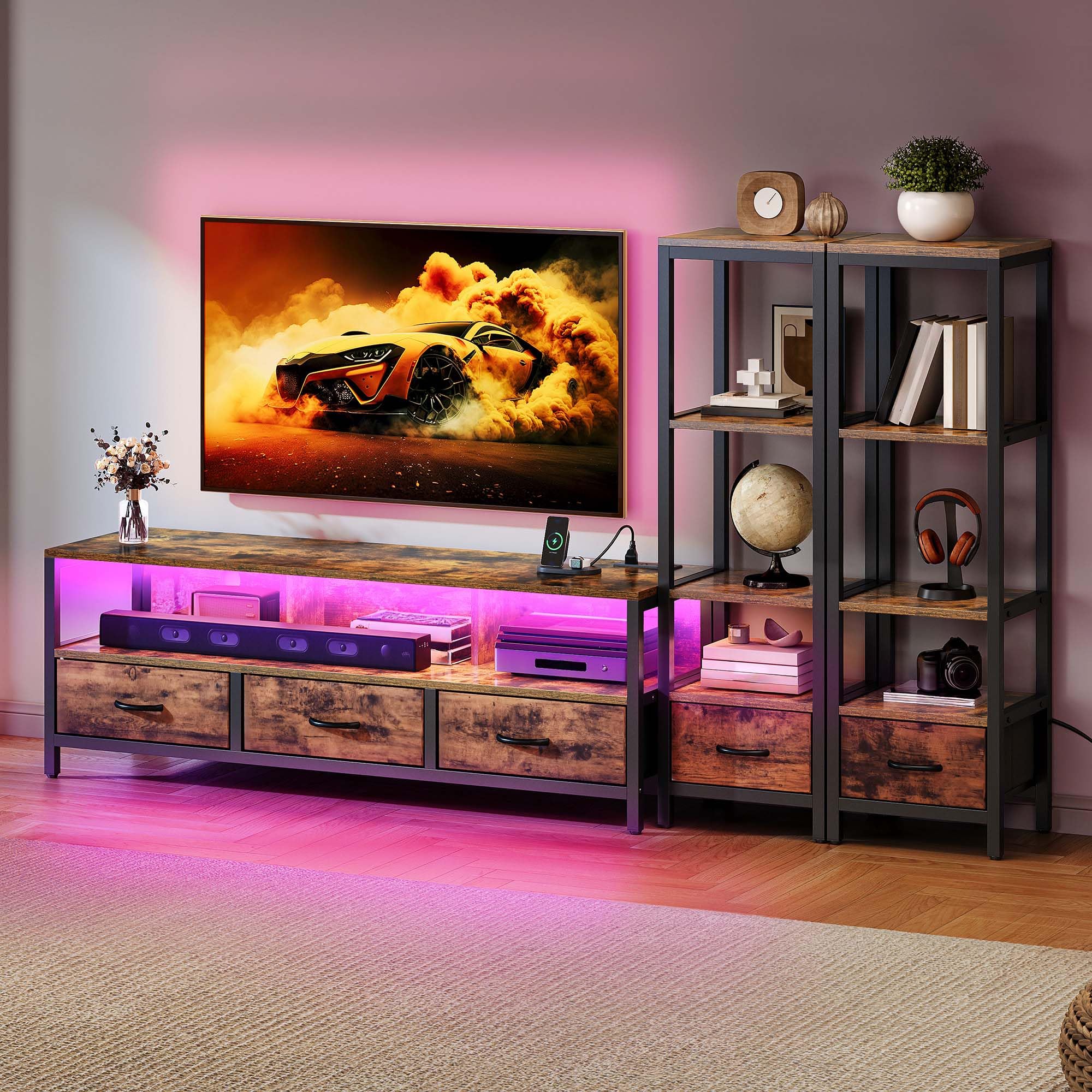 65 Inch TV Stand with LED Lights and Power Outlets