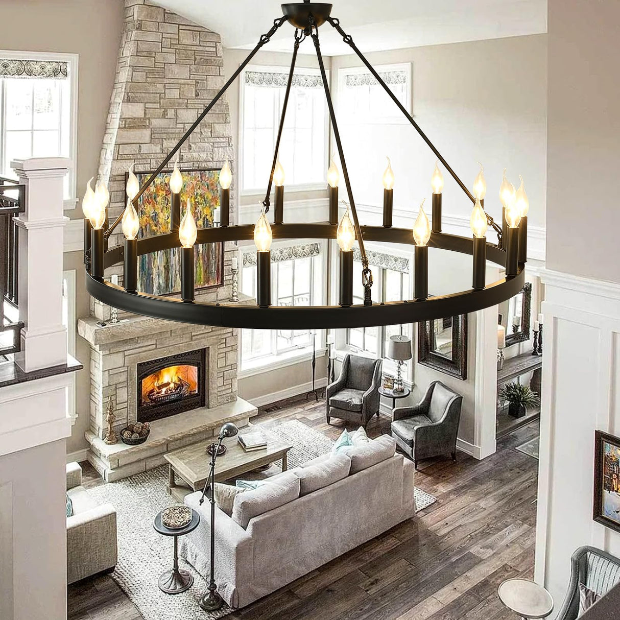 Black Wagon Wheel Chandelier 40 inch,20-Light Farmhouse Wagon Wheel Chandeliers