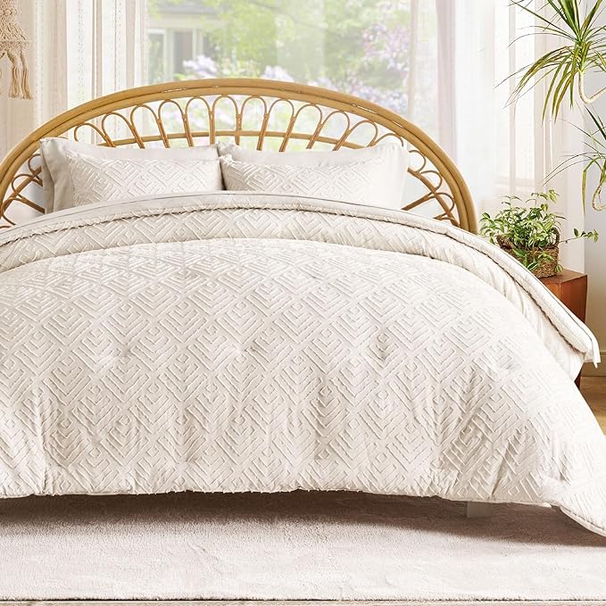 Boho Comforter Set King Size 7 Piece, Shabby Chic Tufted Comforter Set with Sheets