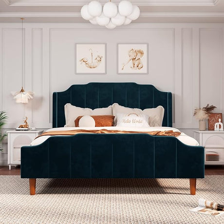 Queen Size Velvet Bed Frame Upholstered Platform Bed with Vertical Headboard