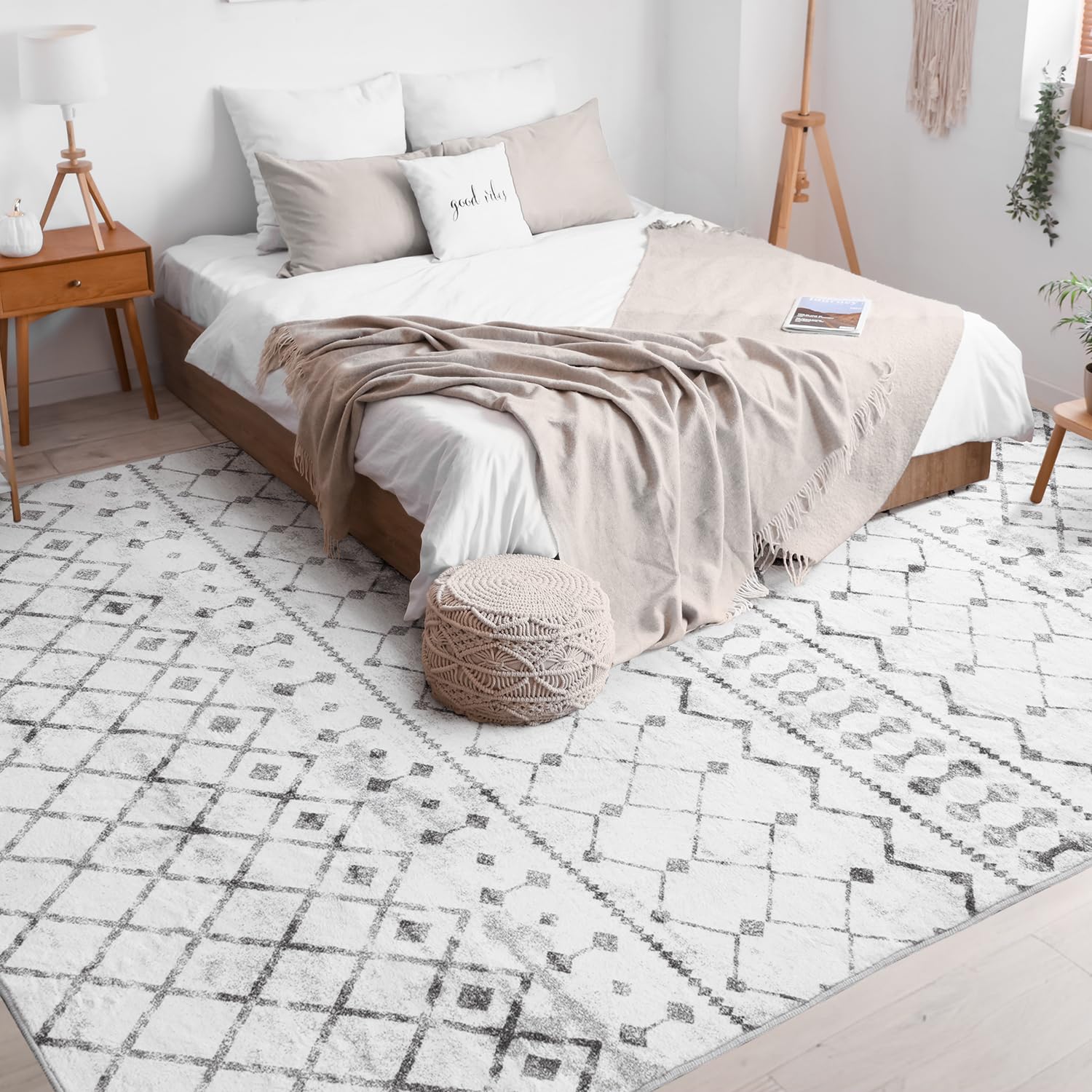 Lessymo 5x7 Area Rugs 5x7, Machine Washable Modern Area Rug, Super Soft Faux-Wool Carpet for Living Room Bedroom Dining Room, Non-Slip Low Pile, Grey White