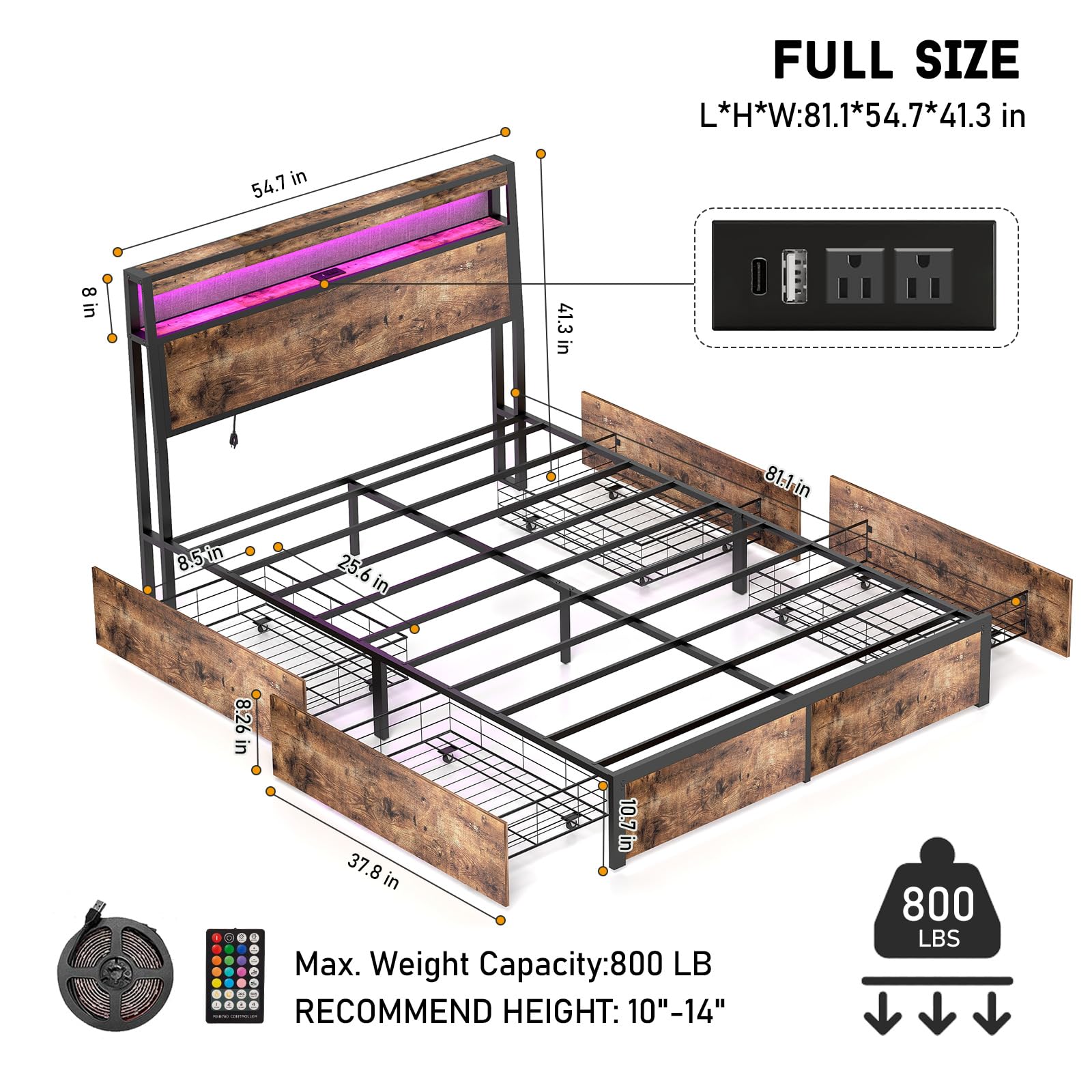 Anyhave Full Size Bed Frame with 4 Storage Drawers and Headboard with Charging Station and LED Lights,2 Tier Solid Wood Headboard Storage,Noise Free/Remote/Vintage Brown