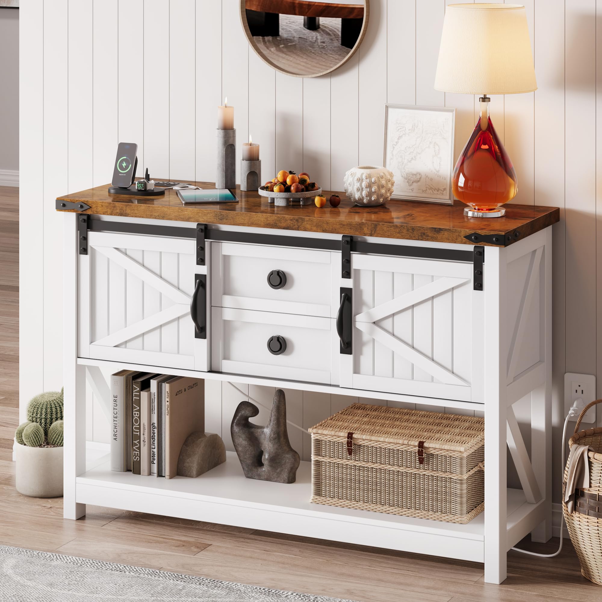 46'' Farmhouse Entryway Table with Storage, Narrow Console Table with 2 Drawer