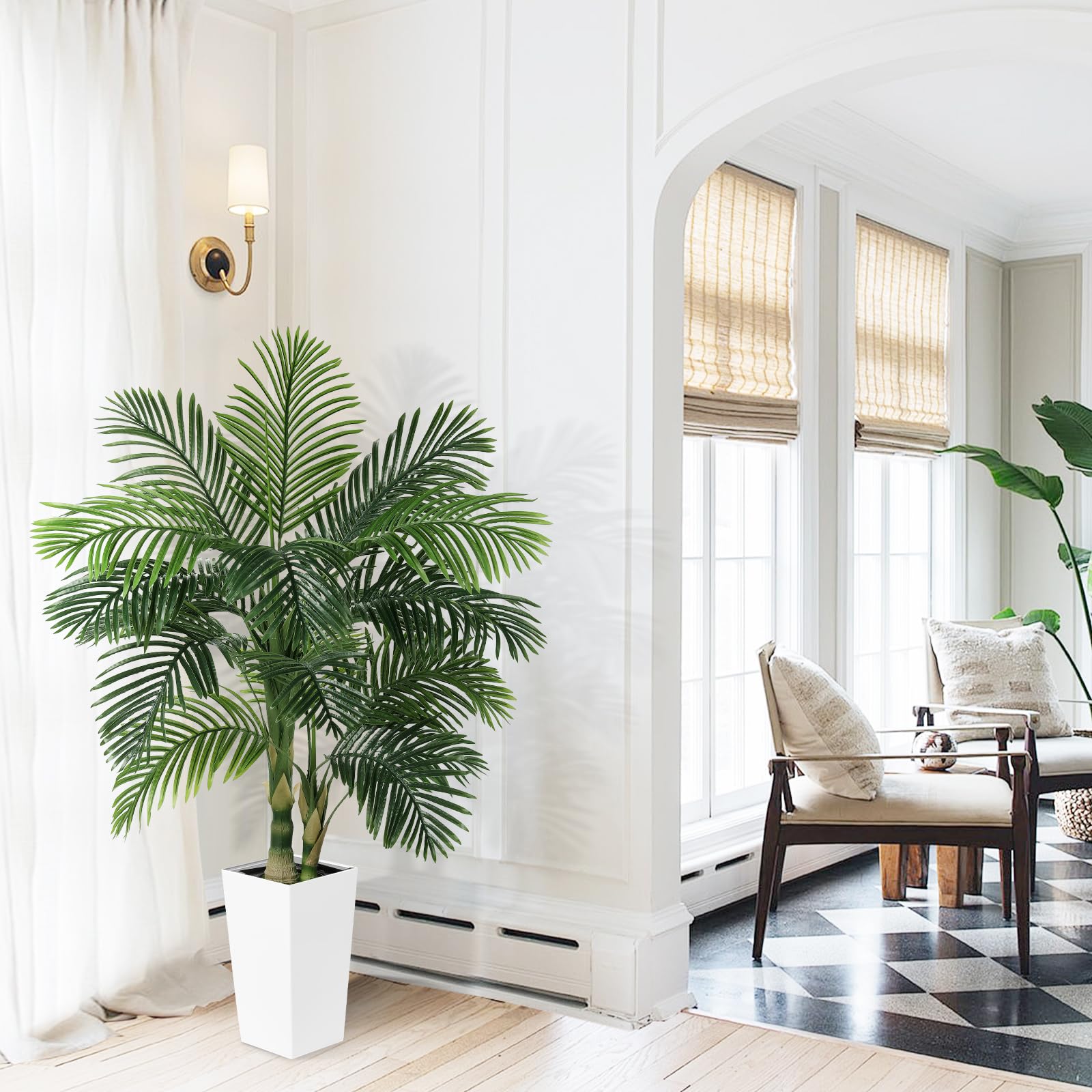 5ft Golden Cane Palm Tree Artificial - Fake Palm Tree with White Tall Planter