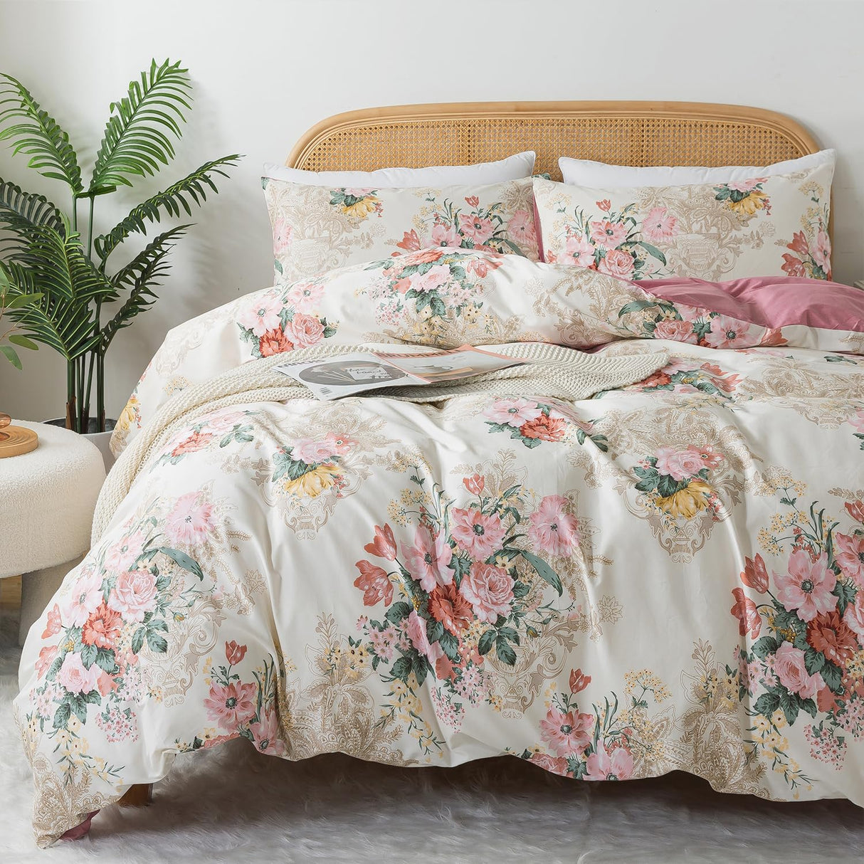 Shabby Floral Duvet Cover Set King Size 100% Cotton Pink Flower Bedding Retro Blush