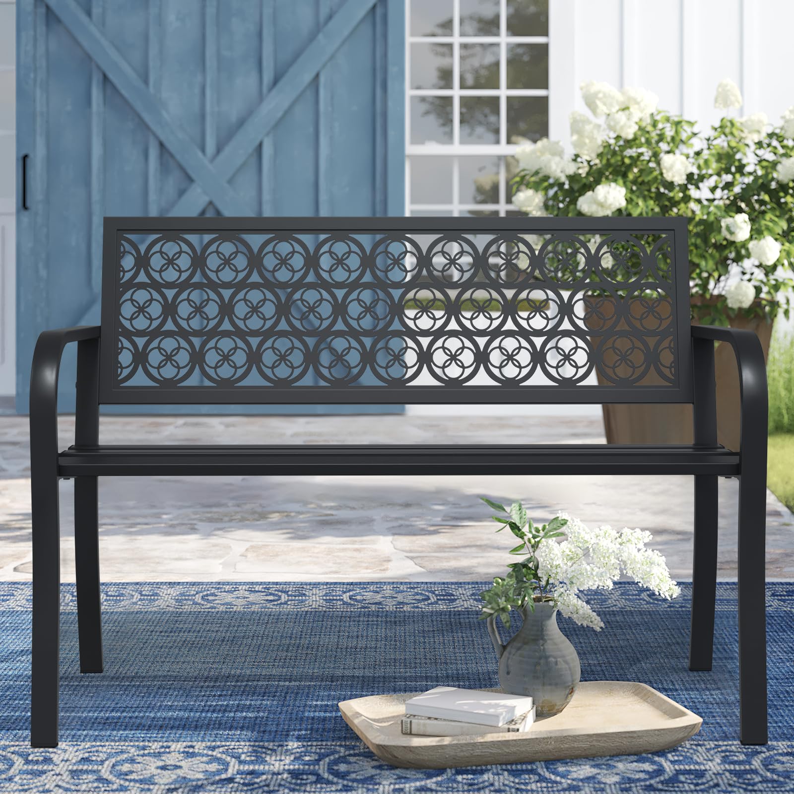 Black Outdoor Bench, Metal Weatherproof Garden Bench Cast Iron Heavy